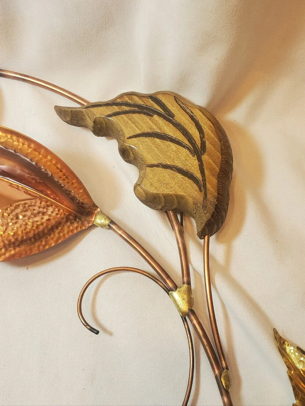 Metal & Wood Vintage Leaves Wall Hanging Brass & Copper MCM 19